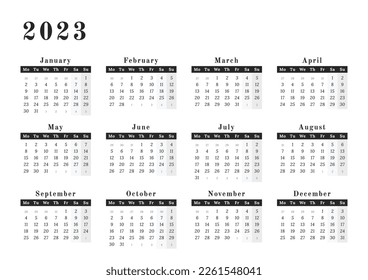 Year calendar 2023 in a wall horizontal format, black and white design with a space for copy or logo with mondays as a first day in week