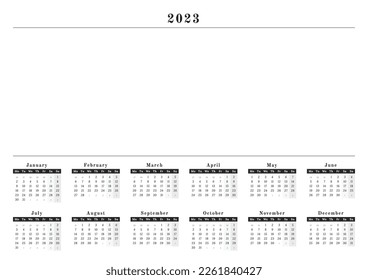 Calendario anual 2023 en formato horizontal de pared, diseño en blanco y negro con un espacio para copiar o logotipo con lunes como primer día de la semana
