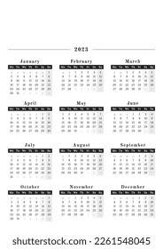 Year calendar 2023 in a wall vertical format, black and white design with a space for copy or logo with mondays as a first day in week