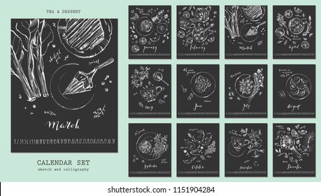 Year calendar with calligraphy elements and seasonal dessert sketch drawings. Fruit, berries, cakes, rhubarb oie, spicy pear, marshmallow, lemonade, tea, mulled wine with recipe ingredients.