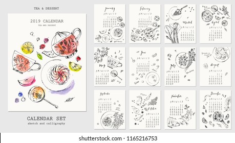 Year calendar with ink calligraphy elements and seasonal dessert ink sketch drawings. Fruit, berries, cakes, rhubarb pie, marshmallow, tea, mulled wine. Coloring pages with recipe ingredients.