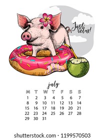 Year calendar with pig. Monthly illustration. Hand drawn piglet with donut float, coconut coctail, flower. July, summer. Vector poster, cute flyer, wall banner, planner. Vintage colored portrait.