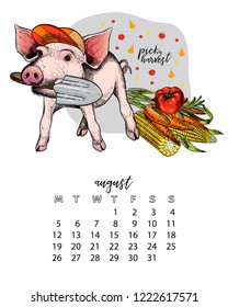 Year calendar with pig. Monthly illustrations. Hand drawn piglet with scapula, hat and vegetable harvest. August, summer. Vector poster, cute flyer, wall banner, planner Vintage colored portrait.