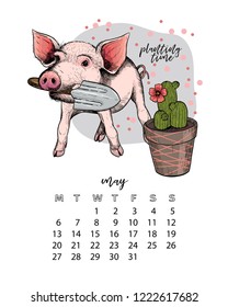 Year calendar with pig. Monthly illustrations. Hand drawn piglet with scapula and cactus plant. May, spring. Vector poster, cute flyer, wall banner, planner Vintage colored portrait.