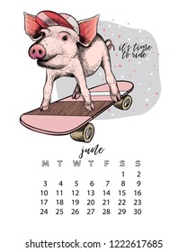Year calendar with pig. Monthly illustrations. Hand drawn piglet wears hipster hat and longboard. june, summer skateboard. Vector poster, cute flyer, wall banner, planner Vintage colored portrait.