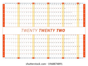 Year calendar planner template for 2022. Wall calendar poster A3 printable template for twenty twenty two. Week starts on Monday. Vector stationery design