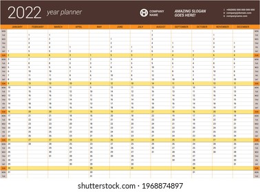 Year calendar planner template for 2022. Wall calendar poster A3 printable template. Week starts on Monday. Vector stationery design
