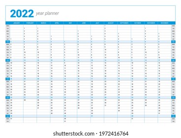 Year calendar planner template for 2022. Wall calendar poster A3 printable template. Week starts on Monday. Vector stationery design