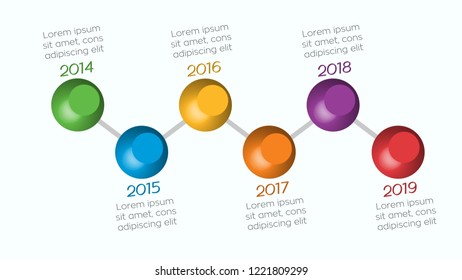 Year colourful timeline infographic with 3D speres in vector graphics