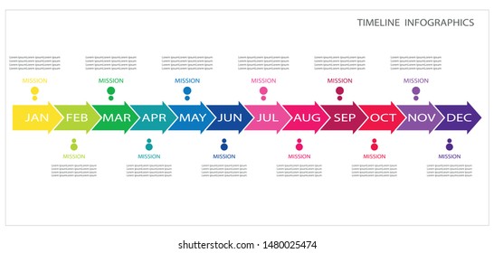 Year diagram planner, timeline infographics template with 12 label, 12 months, 1 year. Vector design use as workflow layout, number step up options.