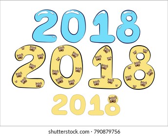 Year, digits, 2018, dog. 
Blue and snow. Vector
