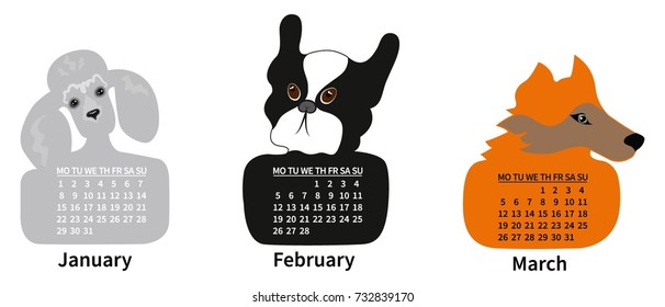Year of the dog. 2018 Calendar. Vector illustration