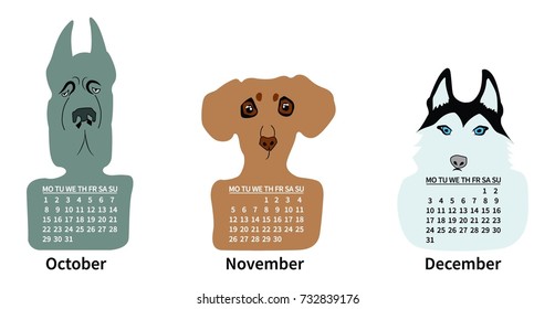 Year of the dog. 2018 Calendar. Vector illustration