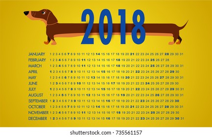 Year of the dog 2018 calendar, yellow abstract background. Children's calendar with dachshund.