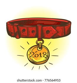 Year of the dog 2018. Dog collar with a tag. Vector illustration isolated on white background.