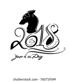 Year of the Dog. 2018. Handwritten template with the inscription and dog head. New Year on the Chinese calendar.
