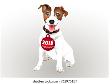 Year of the dog. 2018. Happy New Year. Postcard, poster, sticker for celebrating the New Year.A cheerful dog.