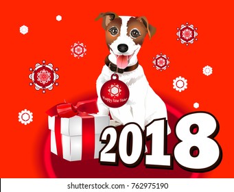 Year of the dog. 2018. Happy New Year. Postcard, poster, sticker for celebrating the New Year.A cheerful dog.
