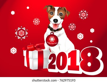 Year of the dog. 2018. Happy New Year. Postcard, poster, sticker for celebrating the New Year.A cheerful dog.
