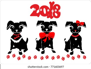 Year of the dog 2018. Postcard, poster, sticker for celebrating the New Year.A cheerful dog.