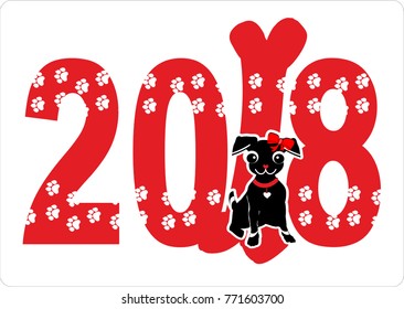 Year of the dog 2018. Postcard, poster, sticker for celebrating the New Year.A cheerful dog.