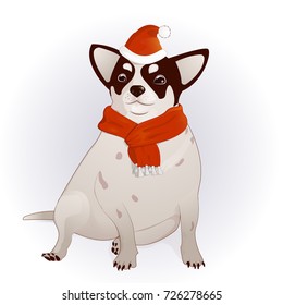 Year of the Dog.New Year 2018 s mascot on the Eastern calendar.Chihuahua,Dog-comic drawing,in the cap of Santa Claus. With a red scarf around his neck. Charming,homemade pet.Vector illustration