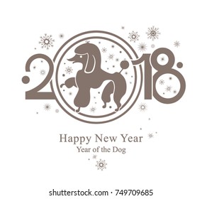 Year of the Dog in the Chinese calendar. 2018. Poodle and snowflakes.
