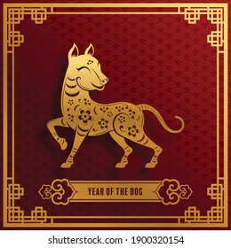 Año del perro para el año nuevo chino 2030,2042 o el fastival chino , zodiahc afortunado del año papel rojo y oro cortado con estilo artesanal en el fondo.