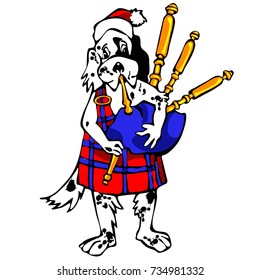 Year of the dog. The English setter plays on bagpipes. Vector illustration, colors on white background. Humorous illustration. New Year 2018.