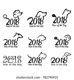 Year of the Dog icon set. Set of New Year 2018 Icon. Dog and Number Symbol of New Year.