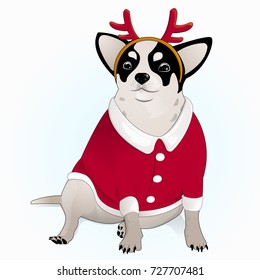 Year of the Dog. the mascot of the New Year 2018 on the Eastern calendar. Chihuahua, In the red coat of Santa Claus and horns comic deer. Rare color merle. Charming, home favorite.Vector illustration
