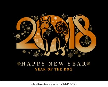Year of the Dog on the Chinese calendar. Greeting card with New Year`s design 2018 dog and snowflakes on a black background.