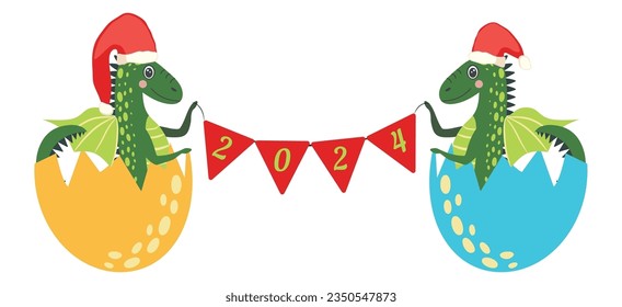 Year of the Dragon 2024, Chinese calendar. Cute dragons and inscription 2024.