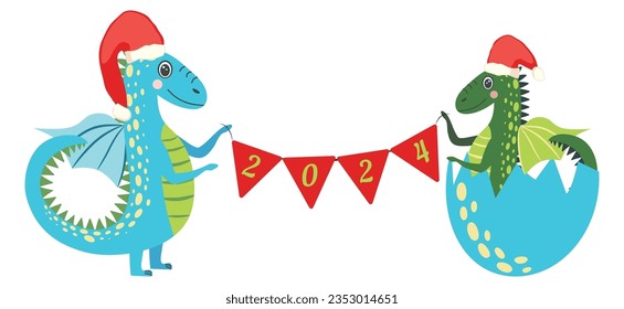 Year of the Dragon 2024, Chinese calendar. Cute dragons and inscription 2024.
