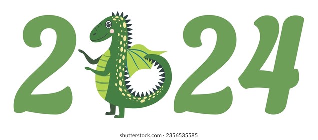 Year of the Dragon 2024, Chinese calendar. Cute dragons and inscription 2024.
