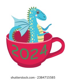 Year of the Dragon 2024, Chinese calendar. Cute dragons and inscription 2024.