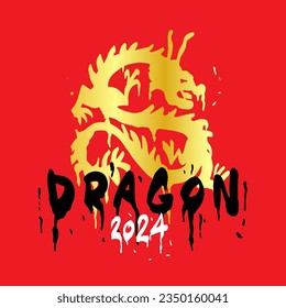 The Year of the Dragon is 2024. Chinese New Year. Gold graffiti with streaks of paint. Asian symbol. Dragon