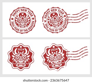 year of the dragon 2024 cute cartoon seal set. rubber stamp,Badge, patch template. Lunar New Year emblem in the form of a minimalist Chinese Zodiac icon.