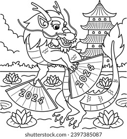 Year of the Dragon with 2024 Fans Coloring Page 