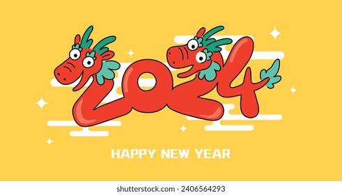 Year of the dragon 2024 funny cartoon card. Chinese new year greetins vector illustration with asian dragons on clouds background.