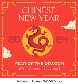 Year of the dragon 2024. Happy Chinese New Year. Colorful vector illustration with text and chinese zodiac dragon symbol. For cards, covers, banners etc