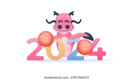 year of the dragon 2024. number 2024 with lantern and dragon. cute and funny dragon characters. happy new year 2024. chinese new year graphic element. Minimalist 3D illustration concept design. vector