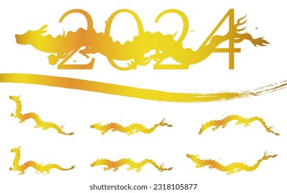Year of the Dragon 2024, set of numbers and cute dragon (serpent) golden silhouette, New Year's postcard material, Vector Illustration