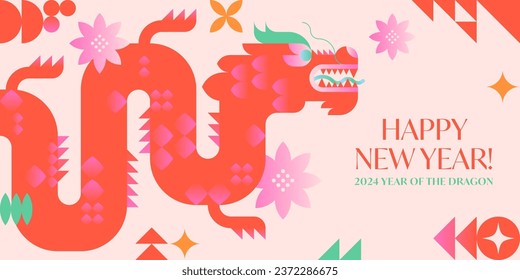 Year of the dragon 2024.Chinese New Year greeting banner template.Festive vector background in flat modern style with geometric symbols.Holidays design for branding,invitations,prints,social media