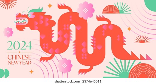 Year of the dragon 2024.Chinese New Year greeting banner template.Festive vector background in flat modern style with geometric symbols.Holidays design for branding,invitations,prints,social media