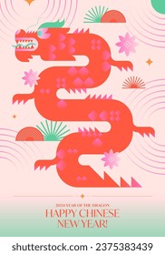 Year of the dragon 2024.Chinese New Year greeting banner template.Festive vector background in flat modern style with geometric symbols.Holidays design for branding,invitations,prints,social media