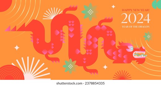 Year of the dragon 2024.Chinese New Year greeting banner template.Festive vector background in flat modern style with geometric symbols.Holidays design for branding,invitations,prints,social media