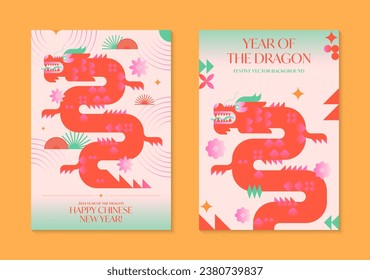 Year of the dragon 2024.Chinese New Year greeting poster templates.Festive vector backgrounds in flat modern style with geometric symbols.Holidays designs for branding,invitations,prints,social media