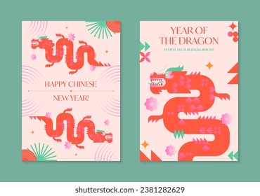 Año del dragón 2024.Plantillas de afiches para el saludo de Año Nuevo chino.Fondos para vectores festivos en un estilo moderno y plano con símbolos geométricos.Diseños para marcas, invitaciones, impresiones, medios sociales