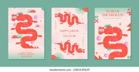 Year of the dragon 2024.Chinese New Year greeting poster templates.Festive vector backgrounds in flat modern style with geometric symbols.Holidays designs for branding,invitations,prints,social media